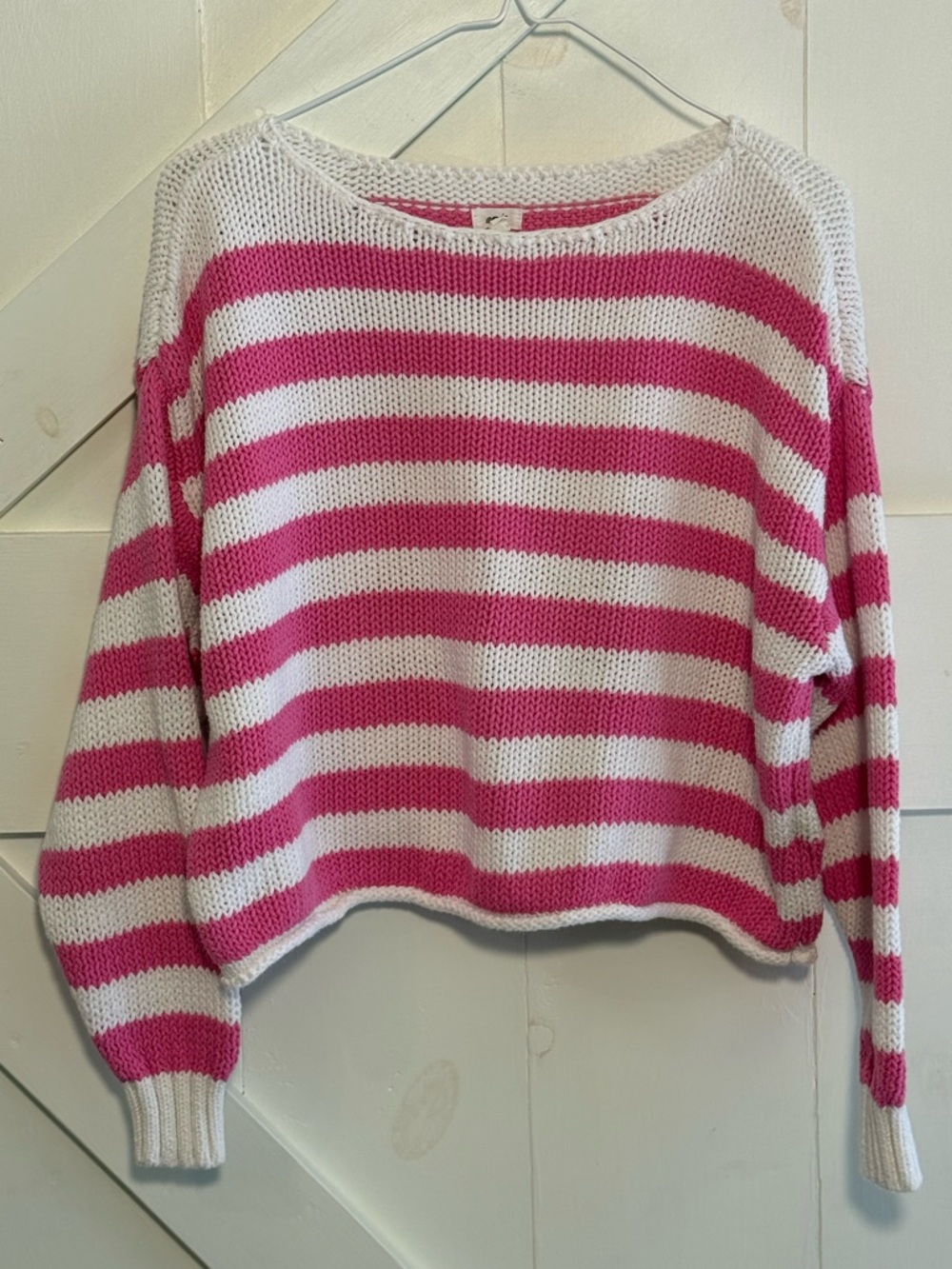 Aerie Small Pink White Striped Cropped Knit Sweater Oversized Boat Neck Cozy